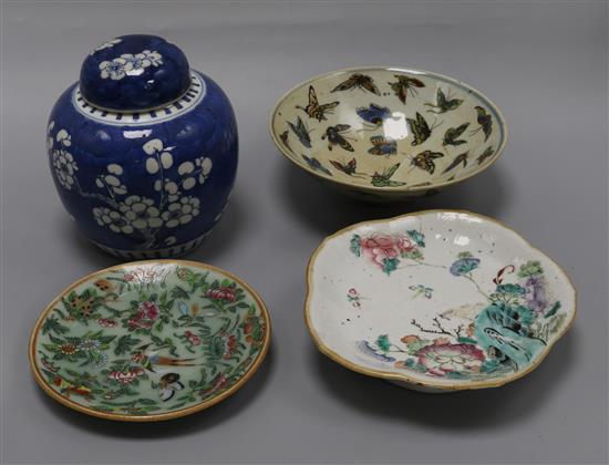 A Chinese straight butterfly bowl, a Straits footed bowl with rabbit, a prunus ginger jar and a Canton dish